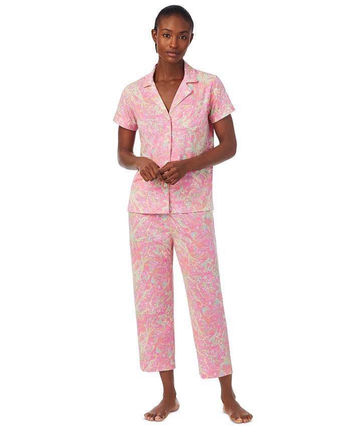 Lauren Ralph Lauren Short Sleeve Notch Collar Capri Pant Knit Paisley Pajama Set, Womens, M, Pink Paisley
