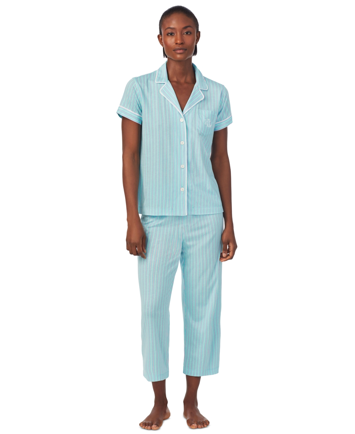 Lauren Ralph Lauren Women's 2-pc. Printed Capri Pajamas Set Turquoise Stripe