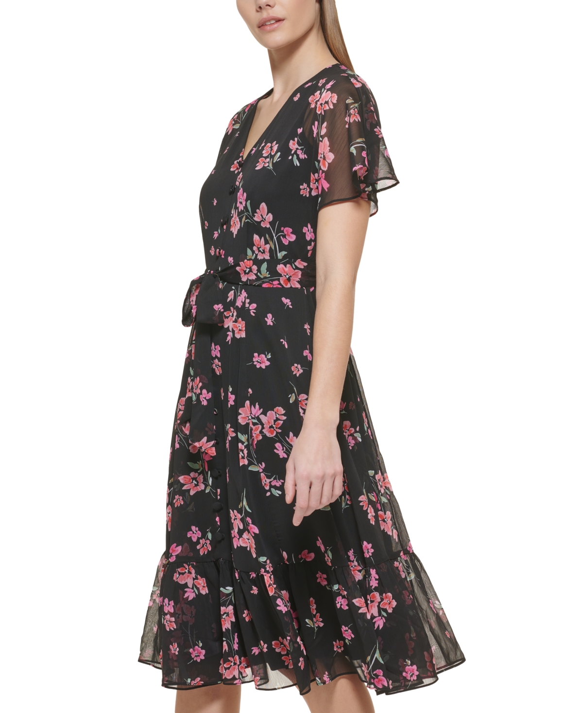 Shop Calvin Klein Women's Floral Flutter-sleeve Midi Dress In Black Multi