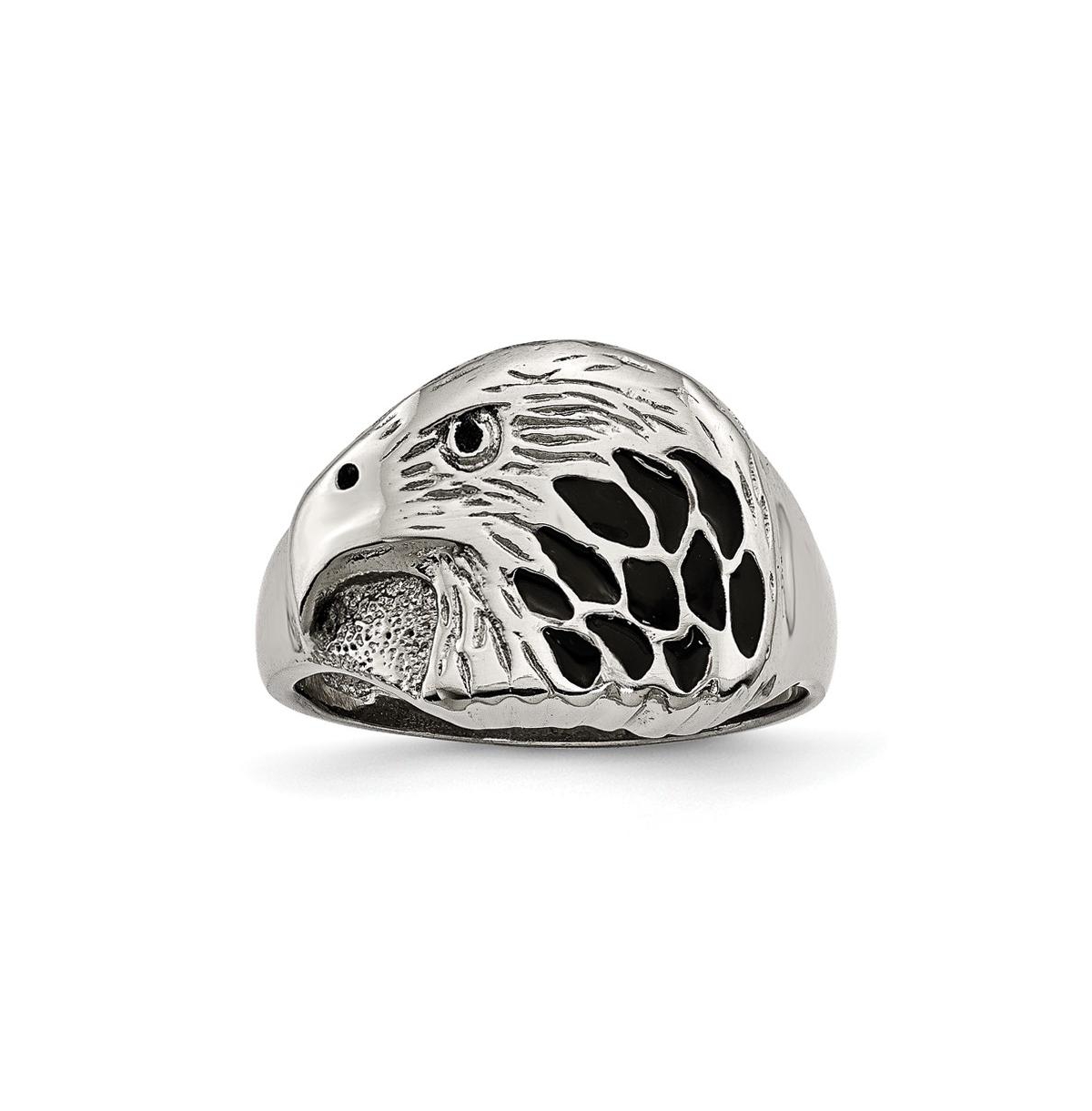 Stainless Steel Polished and Textured Black Enameled Eagle Ring - Black