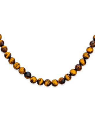 Faceted Brown Natural Tiger Eye Round 8MM Bead Strand Necklace Silver Plated Toggle Clasp