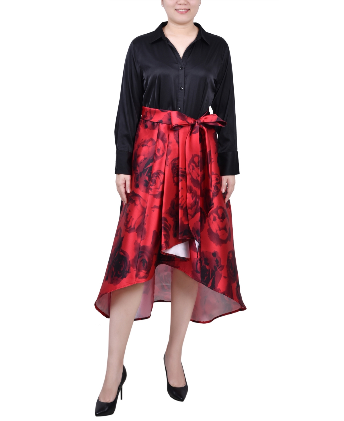 Ny Collection Petite Satin And Mikado High Low Dress In Red Black Floral Black