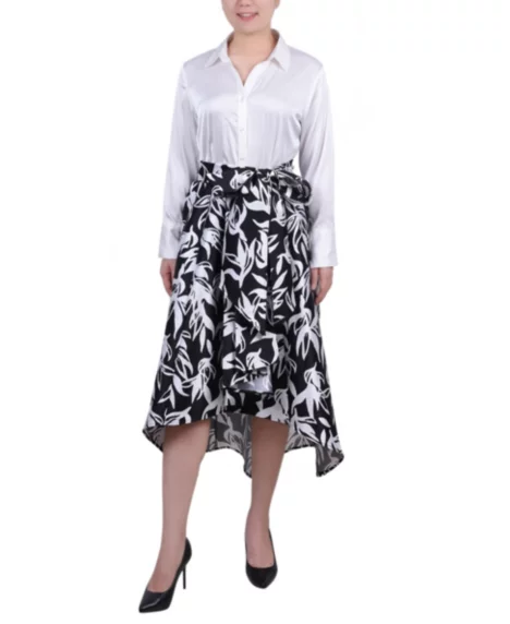 Petite Satin and Mikado High Low Dress - White Black Leaf White