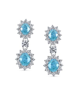 Art Deco Style Crown Halo Oval Cubic Zirconia Aqua Blue CZ Fashion Dangle Drop Earrings Rhodium Plated