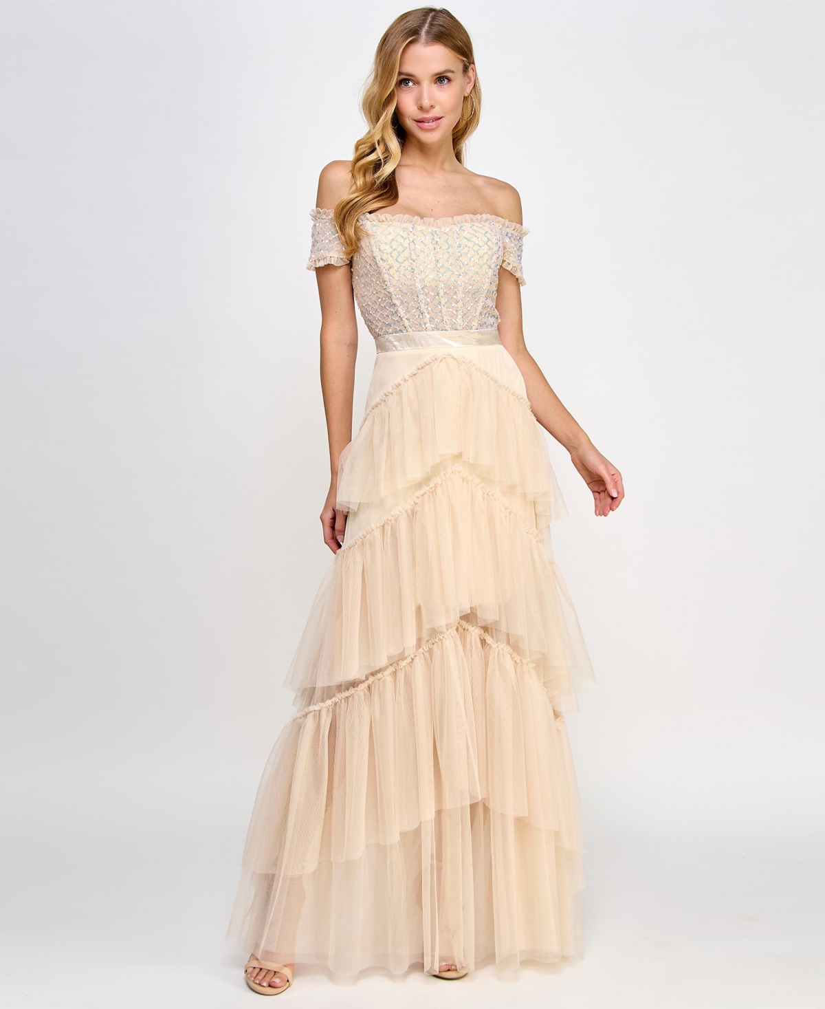 City Studios Juniors' Sequin-bustier Off-the-shoulder Gown, Created For Macy's In Champagne