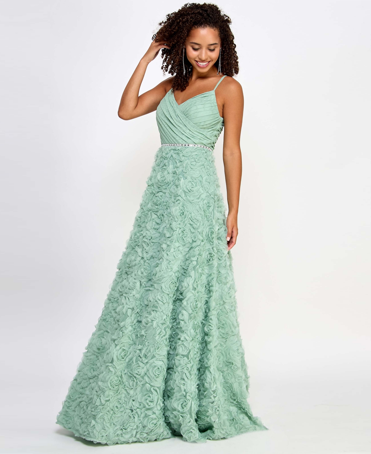 Shop Say Yes Juniors' 3d Rosettes-skirt Shirred-top Gown, Created For Macy's In Sage