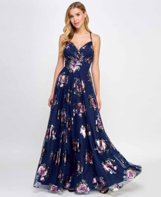 City Studios Juniors Strappy Floral Metallic Mesh Gown Created for Macy s Macy s