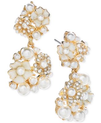 Gold-Tone Imitation Pearl & Crystal Flower Drop Earrings, Created for Macy's