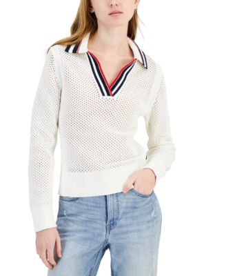 Tommy Hilfiger - Women's Cotton Collared V-Neck Mesh Sweater