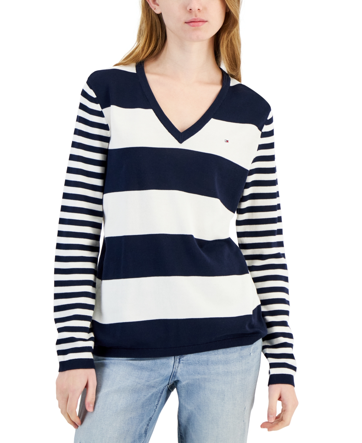 Shop Tommy Hilfiger Women's Mixed-stripe V-neck Sweater In Blue