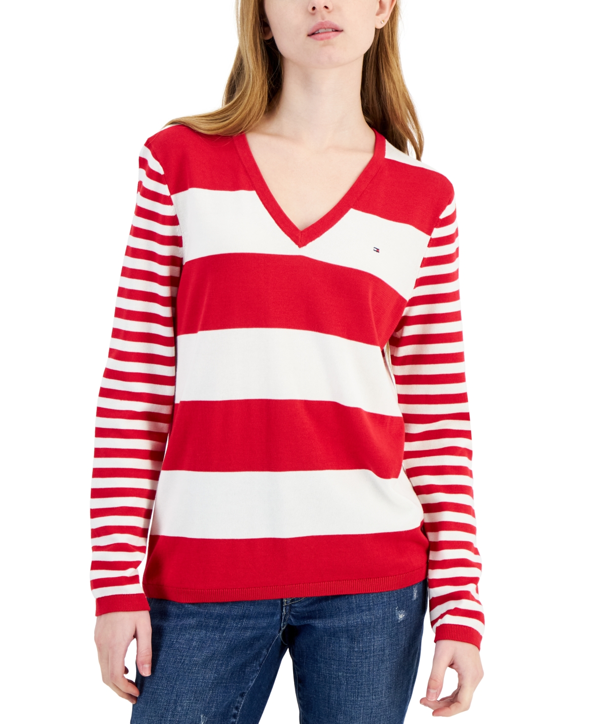 Shop Tommy Hilfiger Women's Mixed-stripe V-neck Sweater In Medium Red