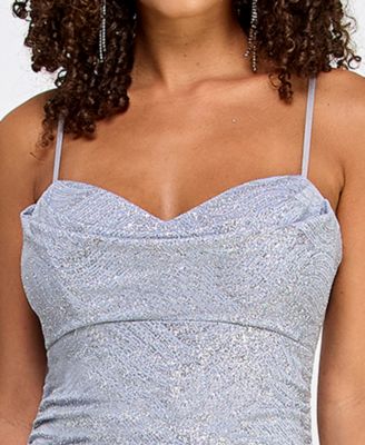 Juniors' Glitter Draped Front Gown