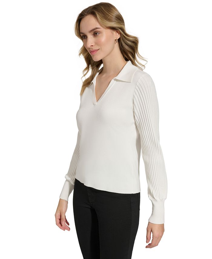 Calvin Klein Women's Collared V-Neck Ribbed-Sleeve Sweater - Macy's