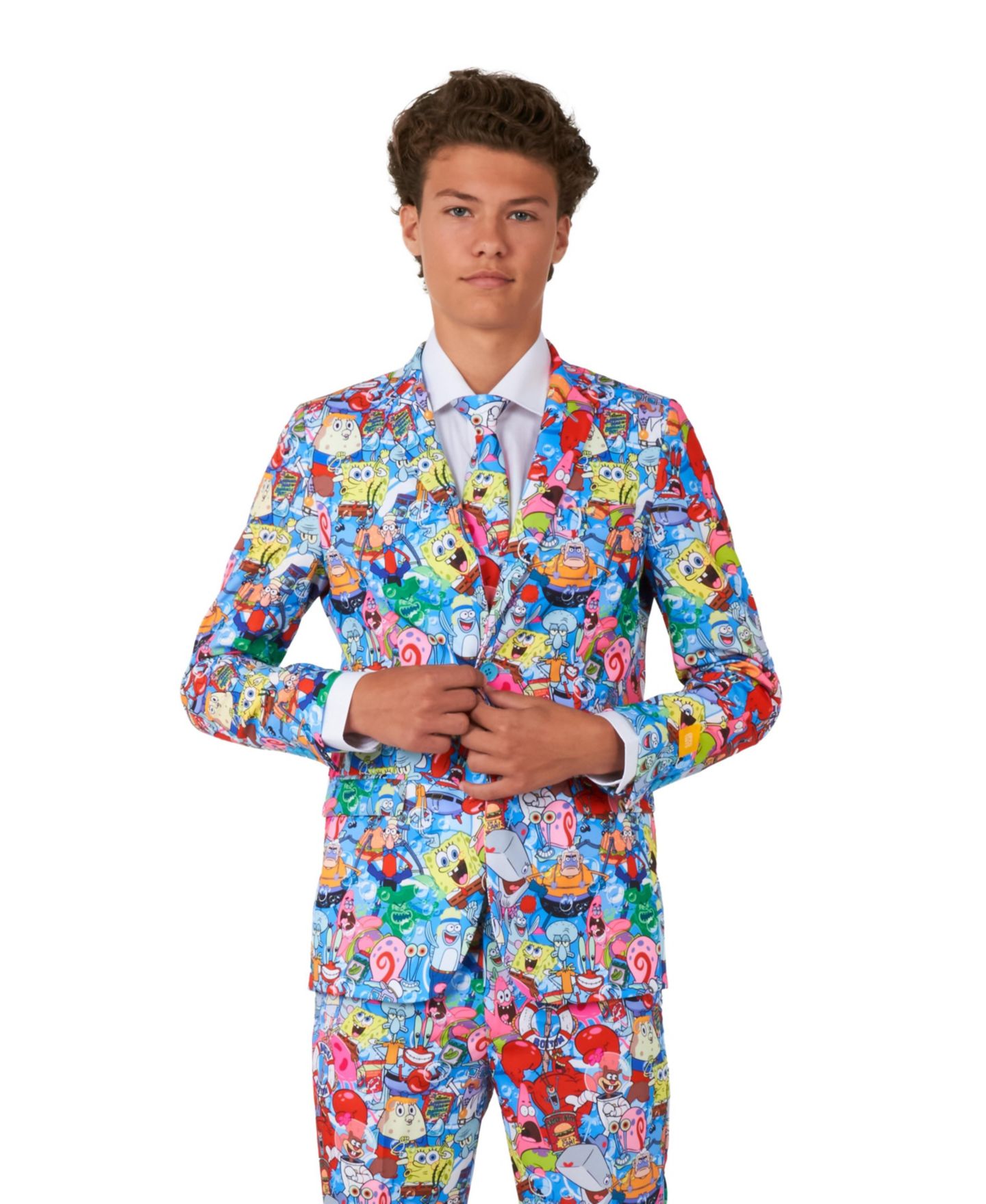 Детский приталенный костюм OppoSuits SpongeBob Frenzy: пиджак, брюки, галстук на клипсе — фото 1