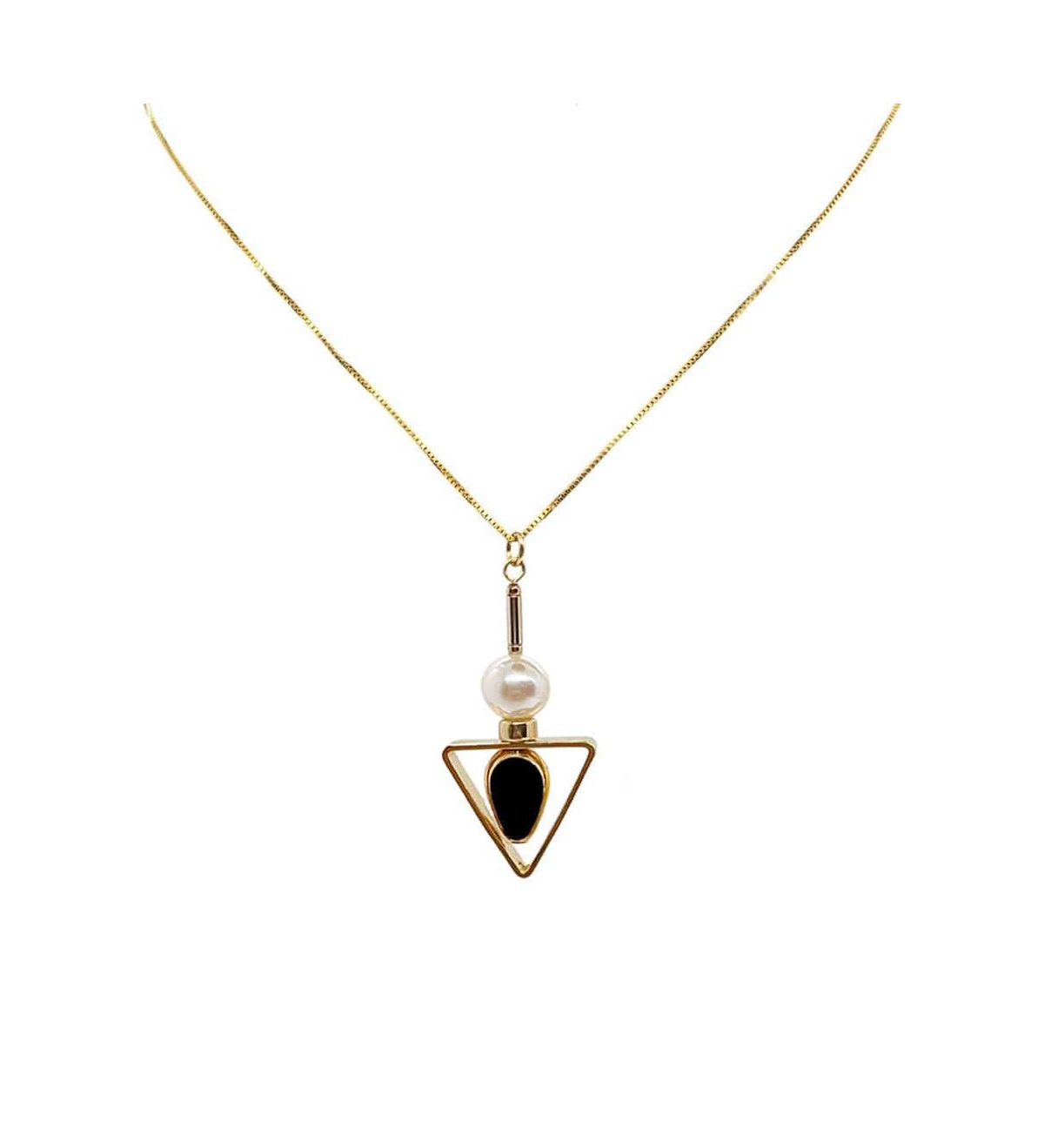 Triangle & Pearls Chain Necklace - Black, white and gold