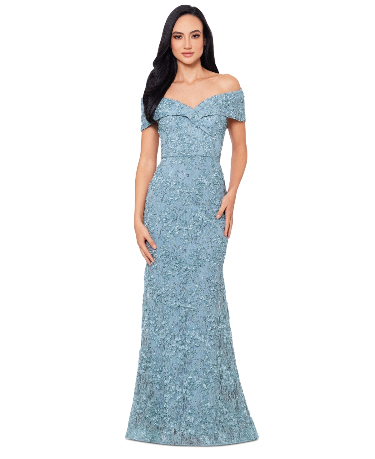 Xscape Off-the-shoulder Lace Gown In Sage