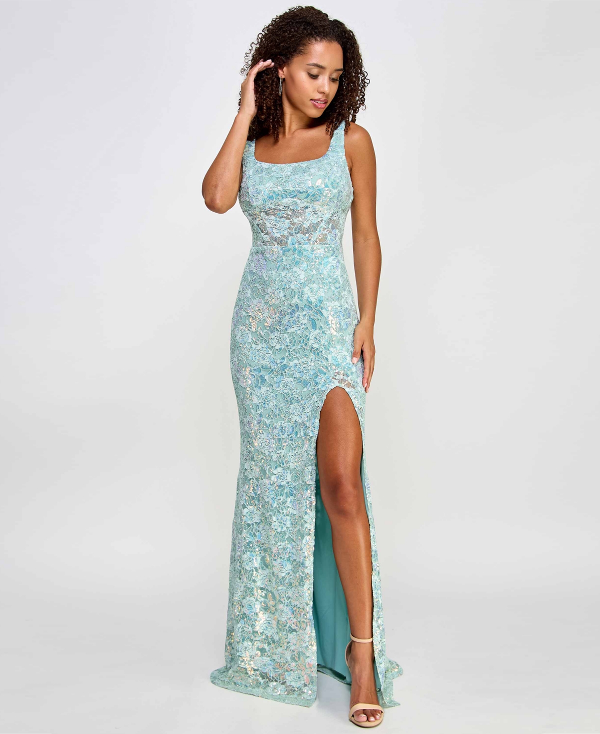 Shop City Studios Juniors' Embellished Lace Square-neck Gown In Seafoam