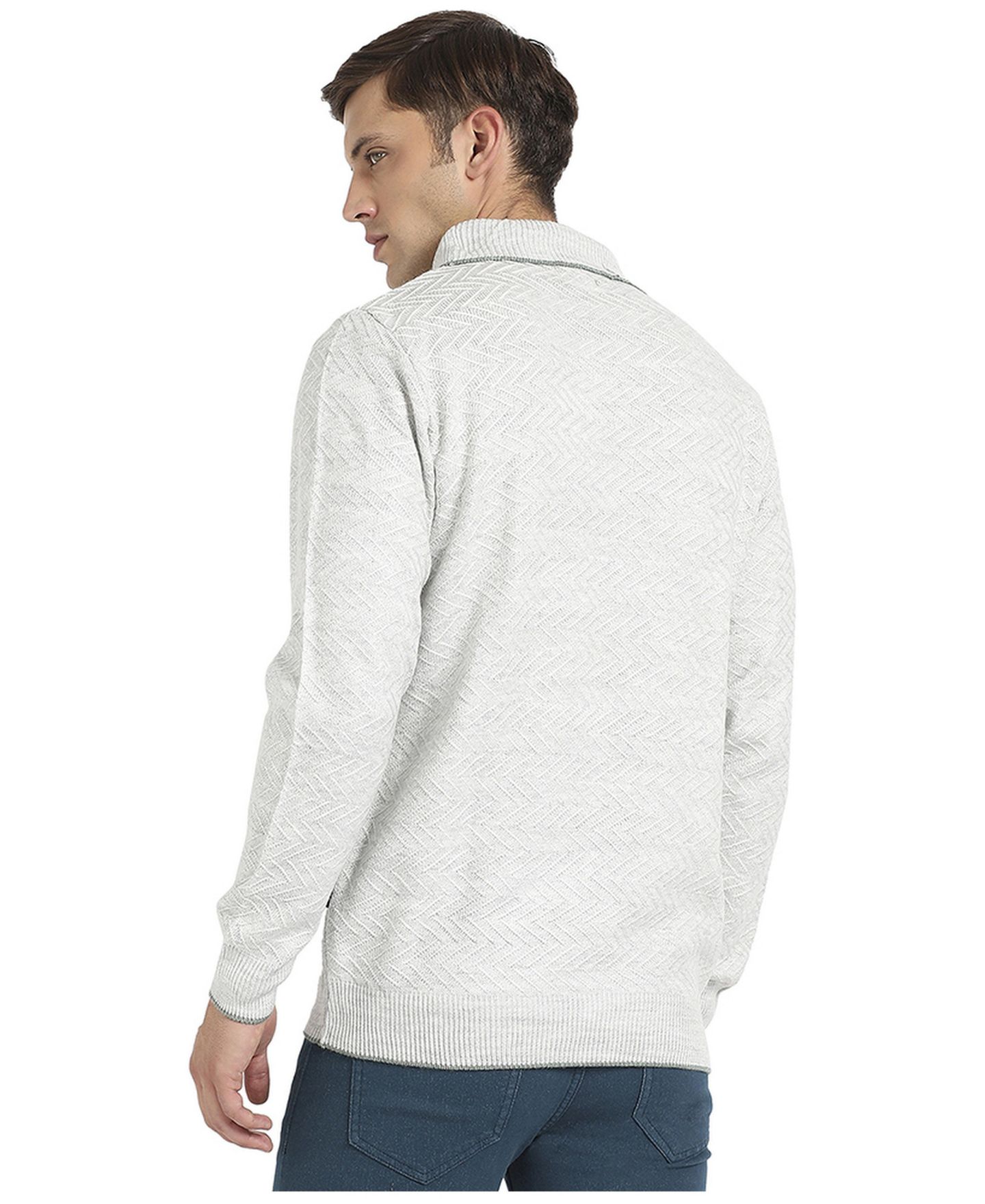Мужской свитер Campus Sutra Light Grey Herringbone Textured Pullover, цвет: Светлый серый — фото 2