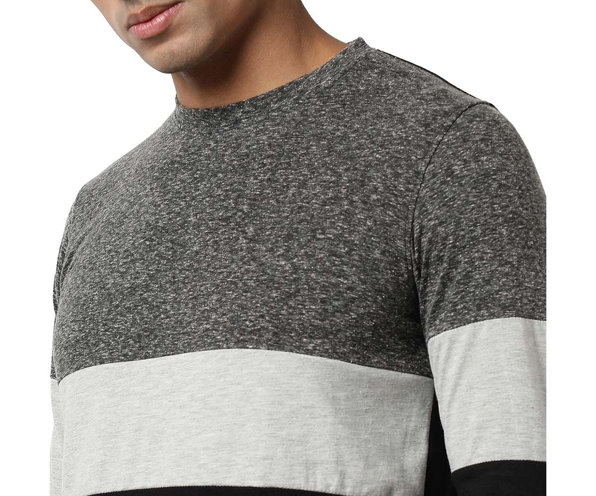 Campus Sutra Men's Black & Grey Heathered Horizontal Striped T-Shirt