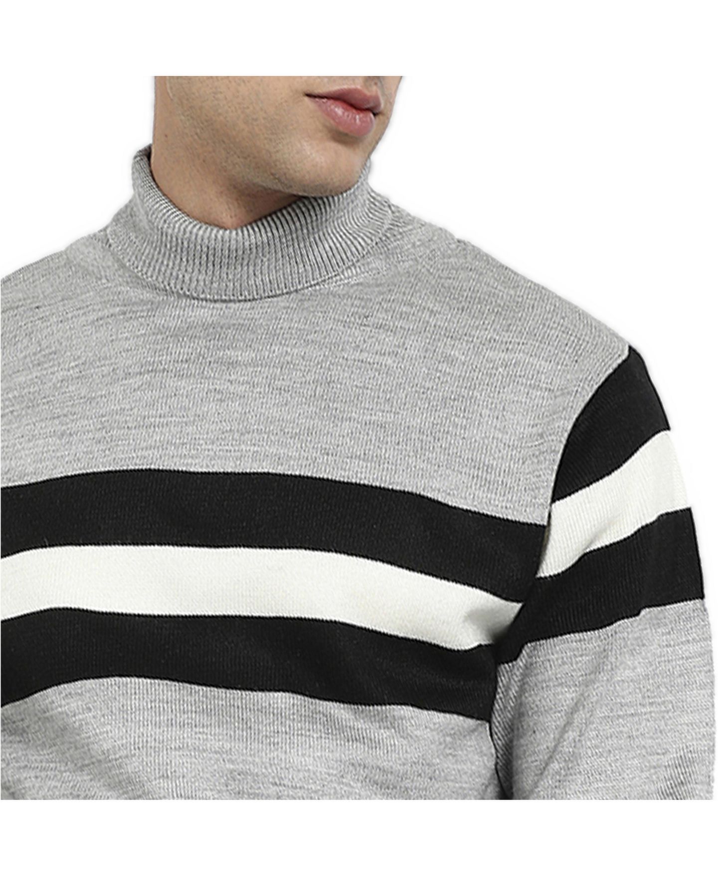 Мужской свитер Campus Sutra Light Grey Relaxed Horizontal Striped Pullover, цвет: Светлый серый — фото 3
