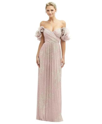 Womens Dramatic Ruffle Edge Convertible Strap Metallic Pleated Maxi Dress with Floral Gold Foil Print