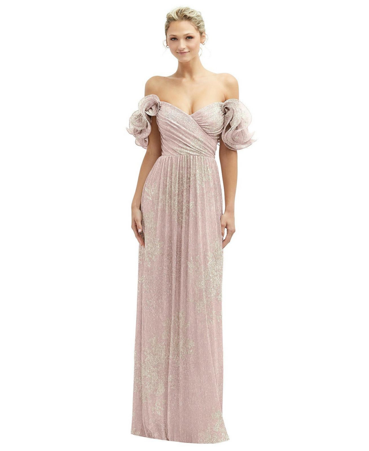 Womens Dramatic Ruffle Edge Convertible Strap Metallic Pleated Maxi Dress with Floral Gold Foil Print - Pink gold foil