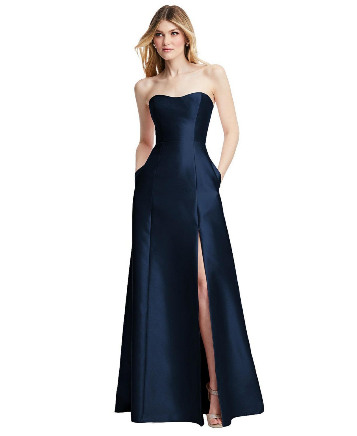 Womens Strapless A-line Satin Gown with Modern Bow Detail - Midnight navy