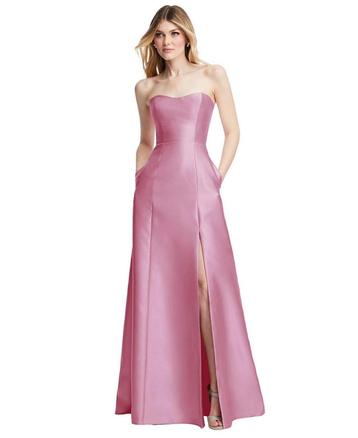 ALFRED SUNG WOMENS STRAPLESS A-LINE SATIN GOWN WITH MODERN BOW DETAIL