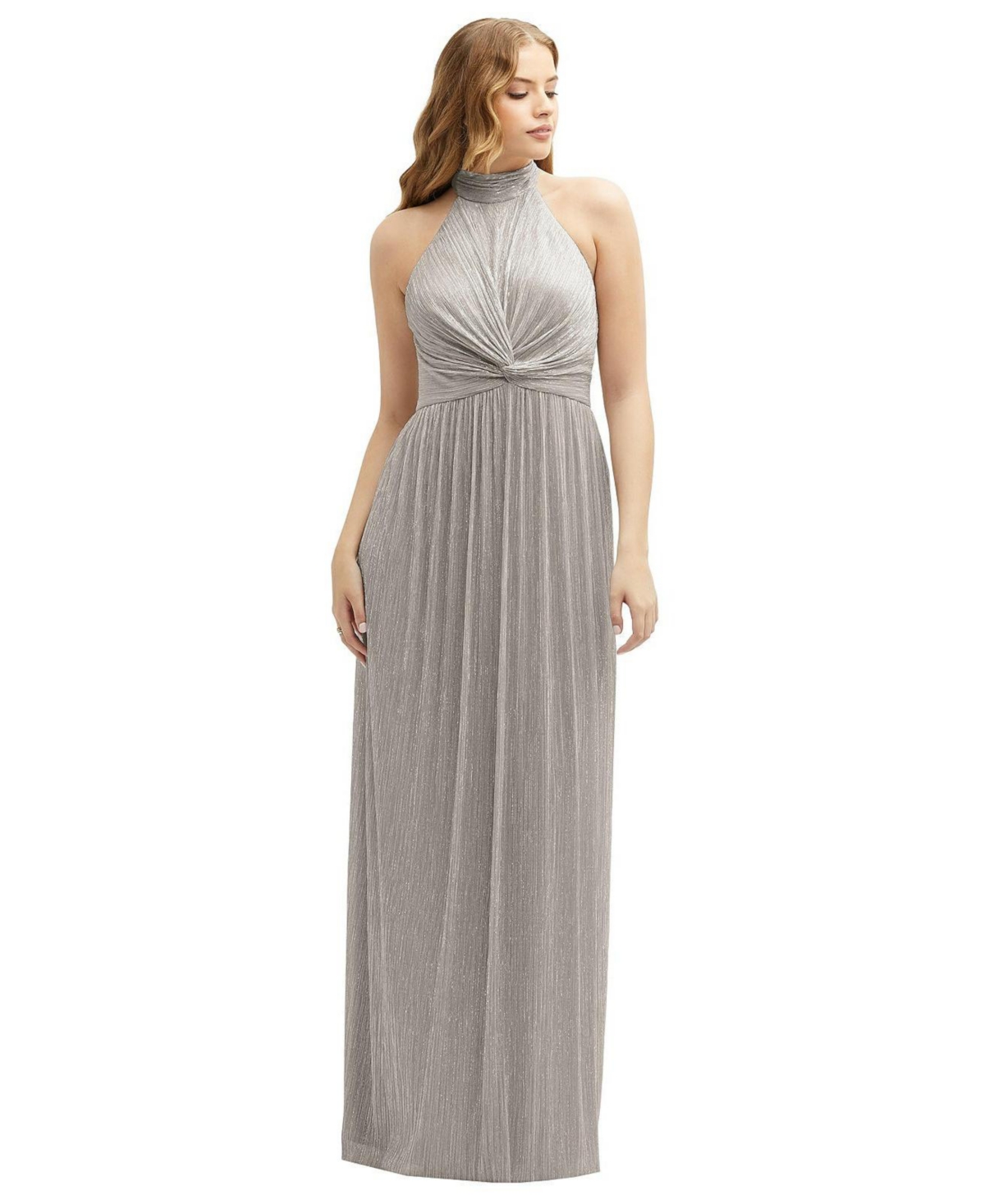 Shop After Six Women's Band Collar Halter Open-back Metallic Pleated Maxi Dress In Metallic Taupe