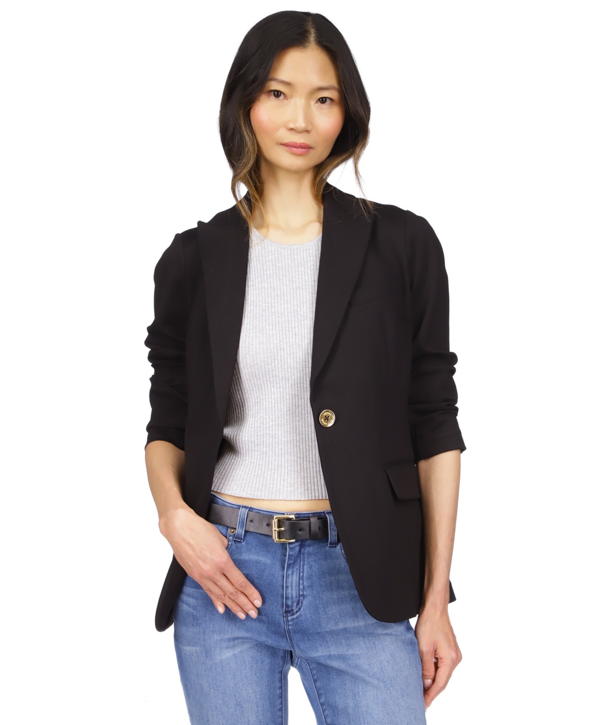 Shop Michael Kors Michael  Women's Knit One-button Blazer, Regular & Petite In Black