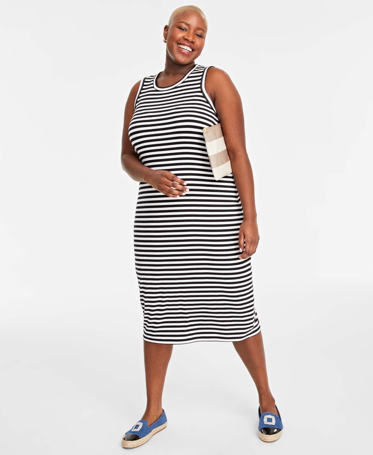 On 34th Trendy Plus Size Striped Sleeveless Rib-knit Midi Dress, Created For Macy's In Deep Black Combo