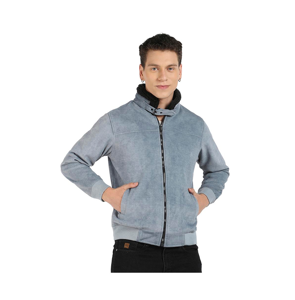 Men's Grey Zip-Front Jacket With Fleece Detail - Grey