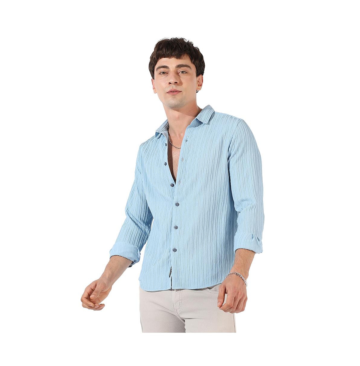 Shop Campus Sutra Men's Light Blue Textured Regular Fit Casual Shirt