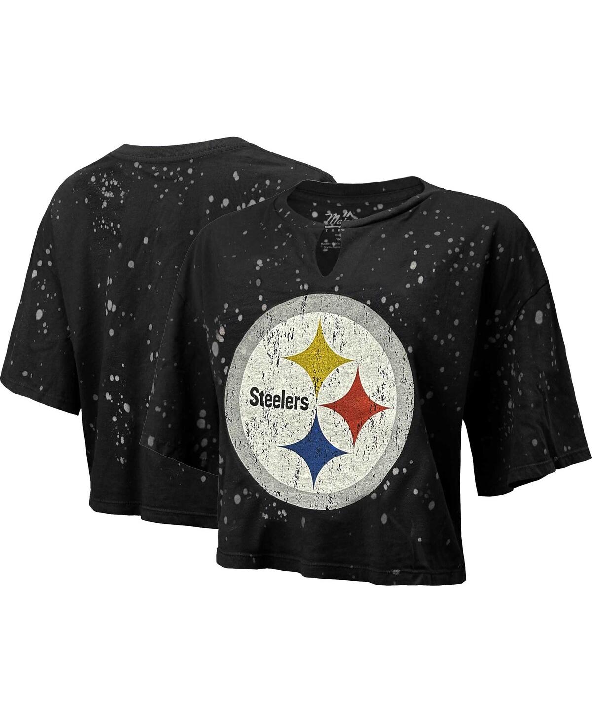 Women's Majestic Threads Black Distressed Pittsburgh Steelers Bleach Splatter Notch Neck Crop T-shirt - Black