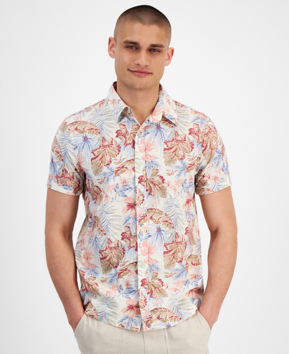 Men's Jordon Tropical Printed Short-Sleeve Shirt, Created for Macy's - Vintage White