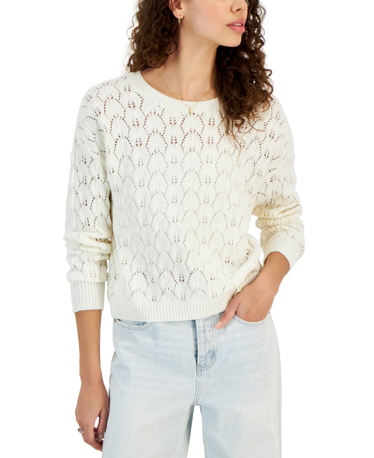 Shop Hooked Up By Iot Juniors' Long-sleeve Pointelle Sweater In Spiritual Vanilla