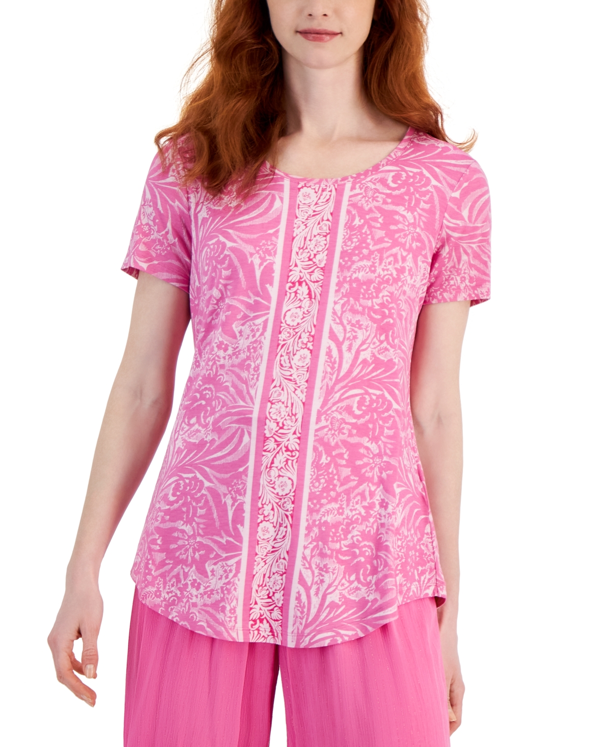 Jm Collection Women's Printed Knit Short Sleeve Top, Created For Macy's In Bright Pink Combo