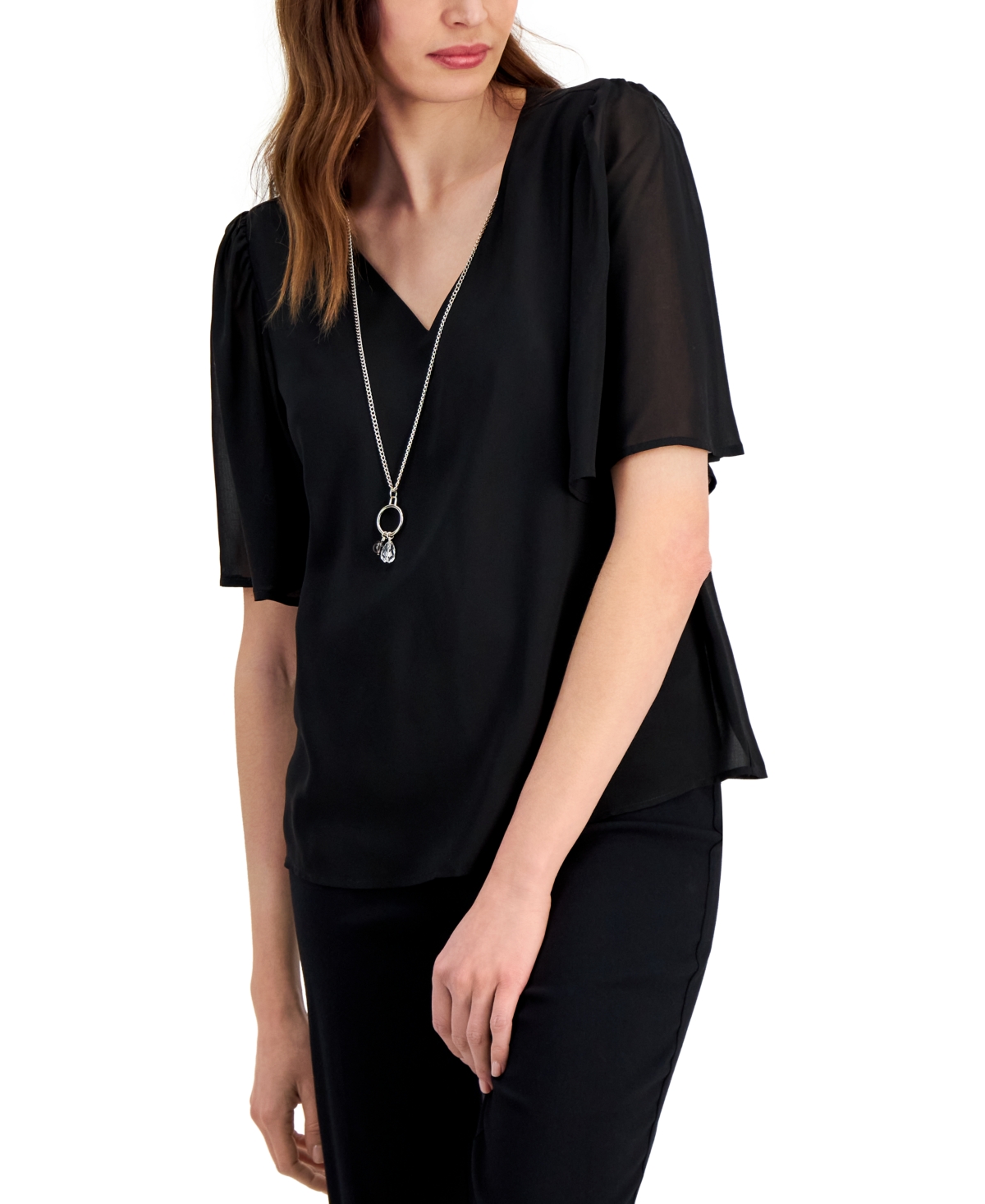 Jm Collection Women's Flutter-sleeve Necklace Top, Created For Macy's In Deep Black