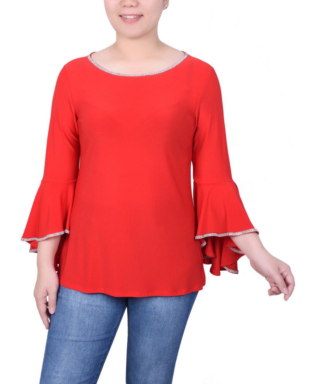 Petite Long Bell Sleeve Knit Top with Stone Details - Jester Red
