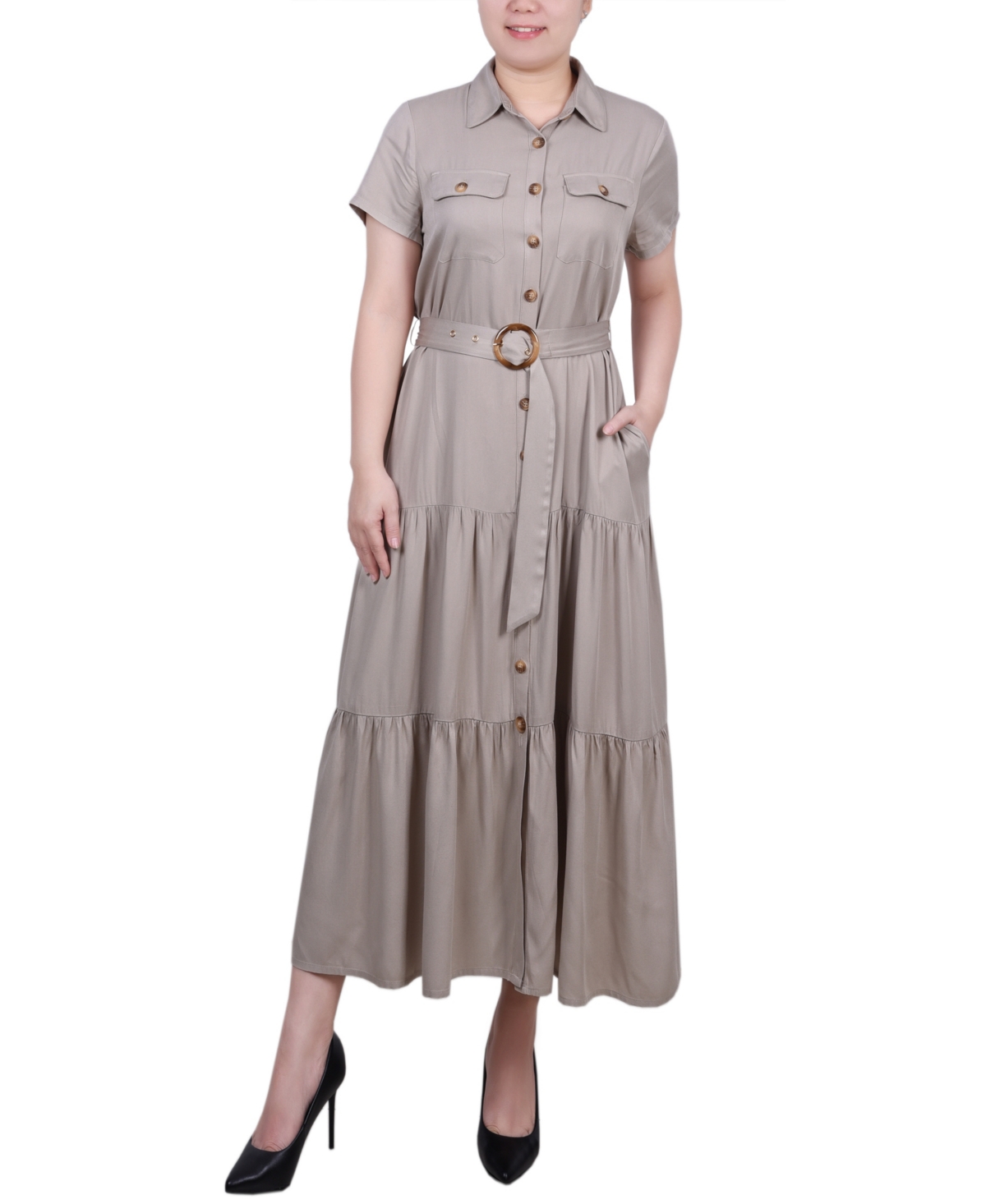Ny Collection Petite Short Sleeve Midi Twill Dress