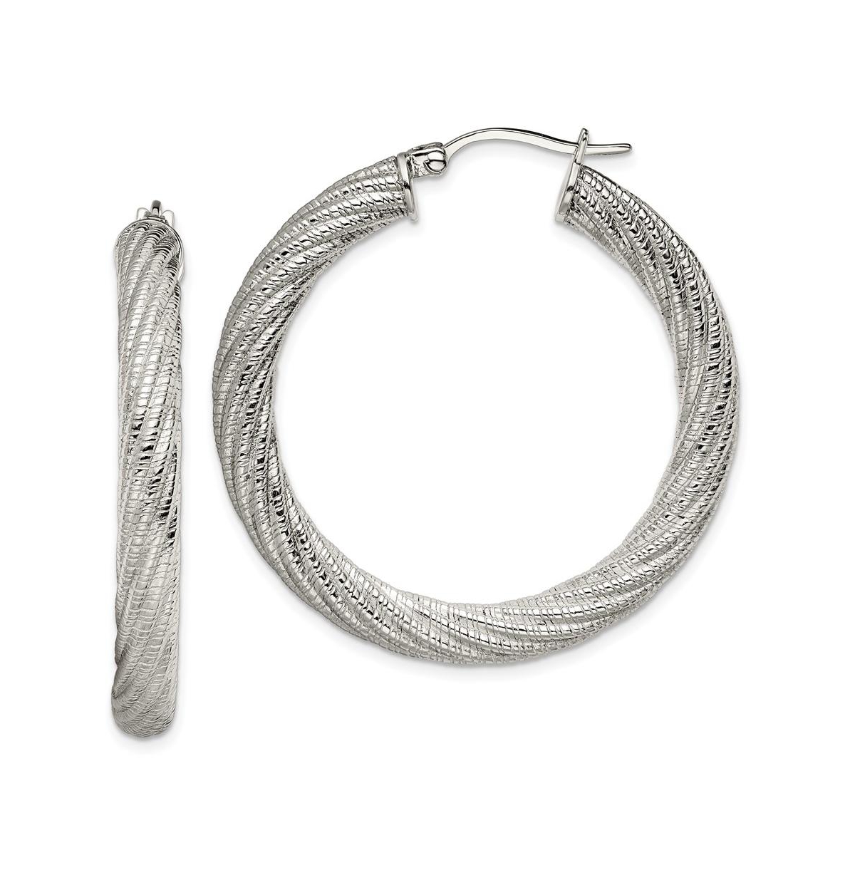 Stainless Steel Polished and Textured Hollow Hoop Earrings - Silver