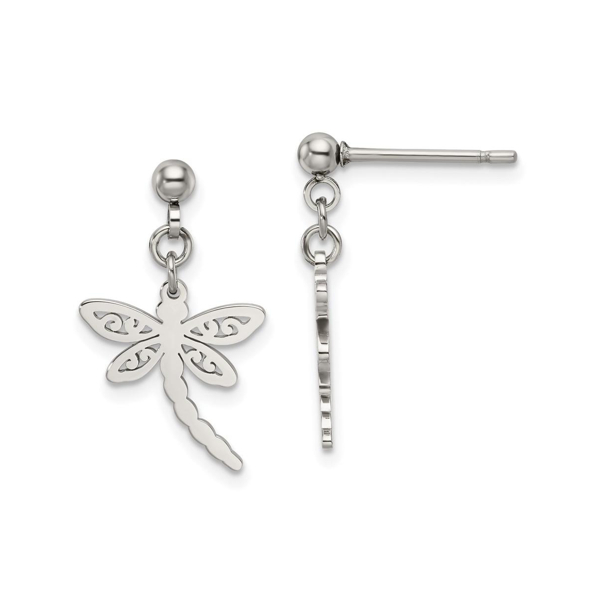 Stainless Steel Polished Dragonfly Dangle Earrings - Silver