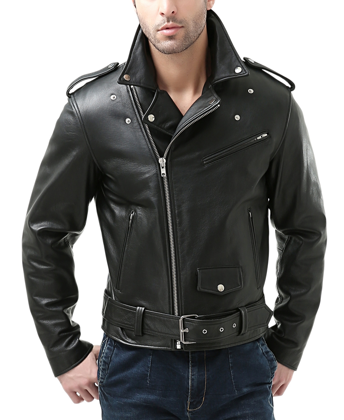 Men Classic Leather Motorcycle Jacket - Big and Tall - Black