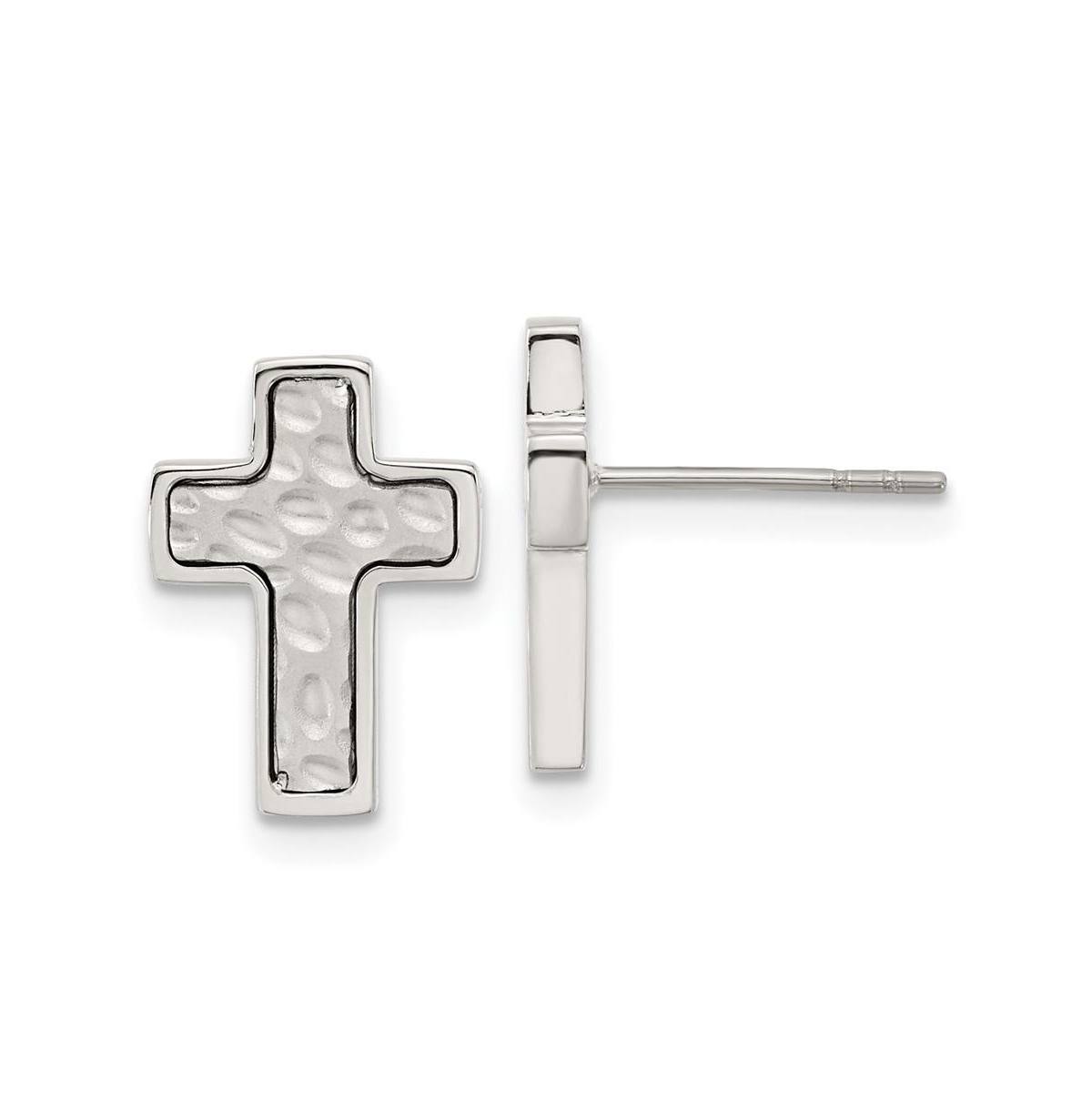 Stainless Steel Brushed Polished and Textured Cross Earrings - Silver