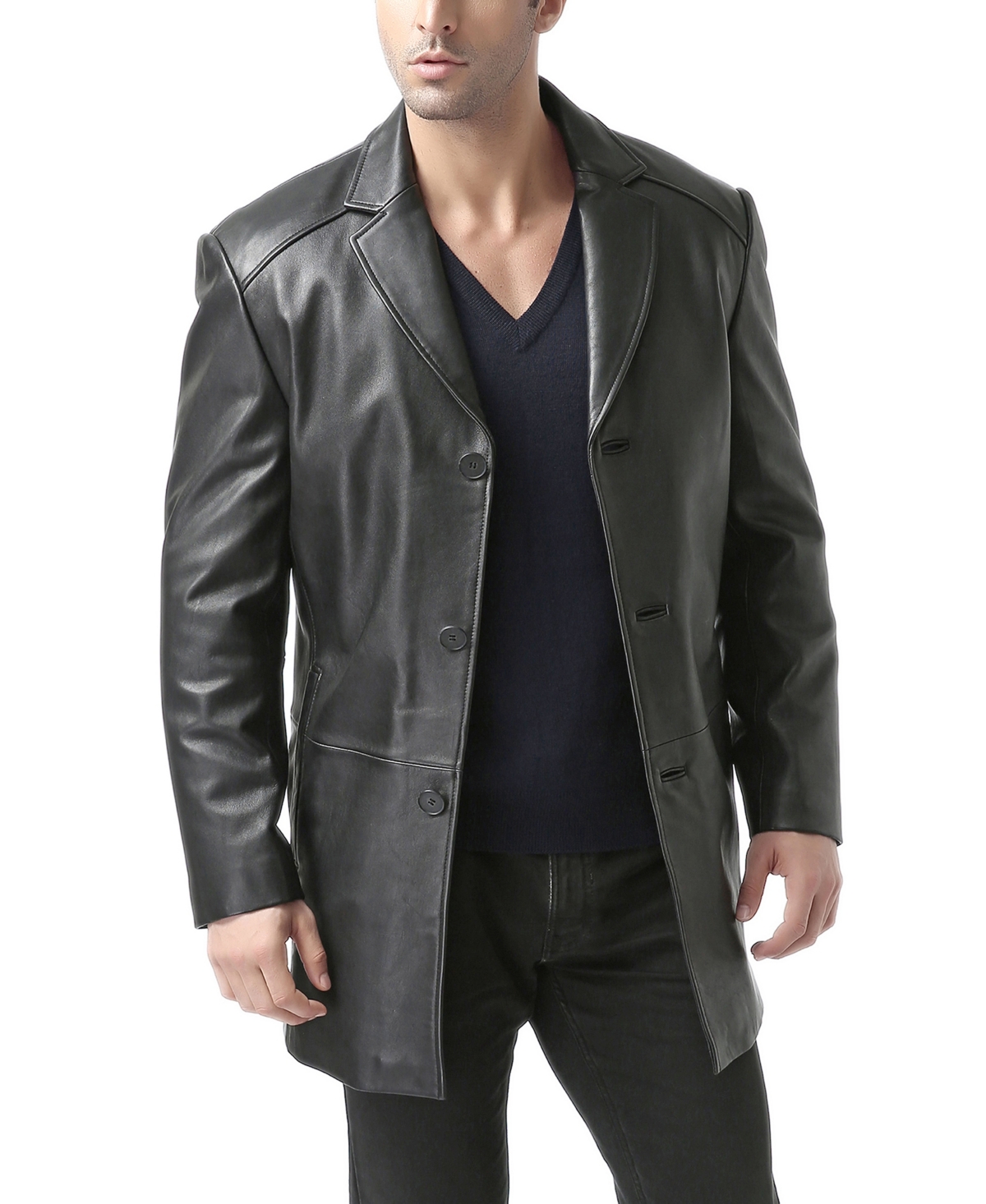 Men Carter Three-Button Leather Car Coat - Big and Tall - Black
