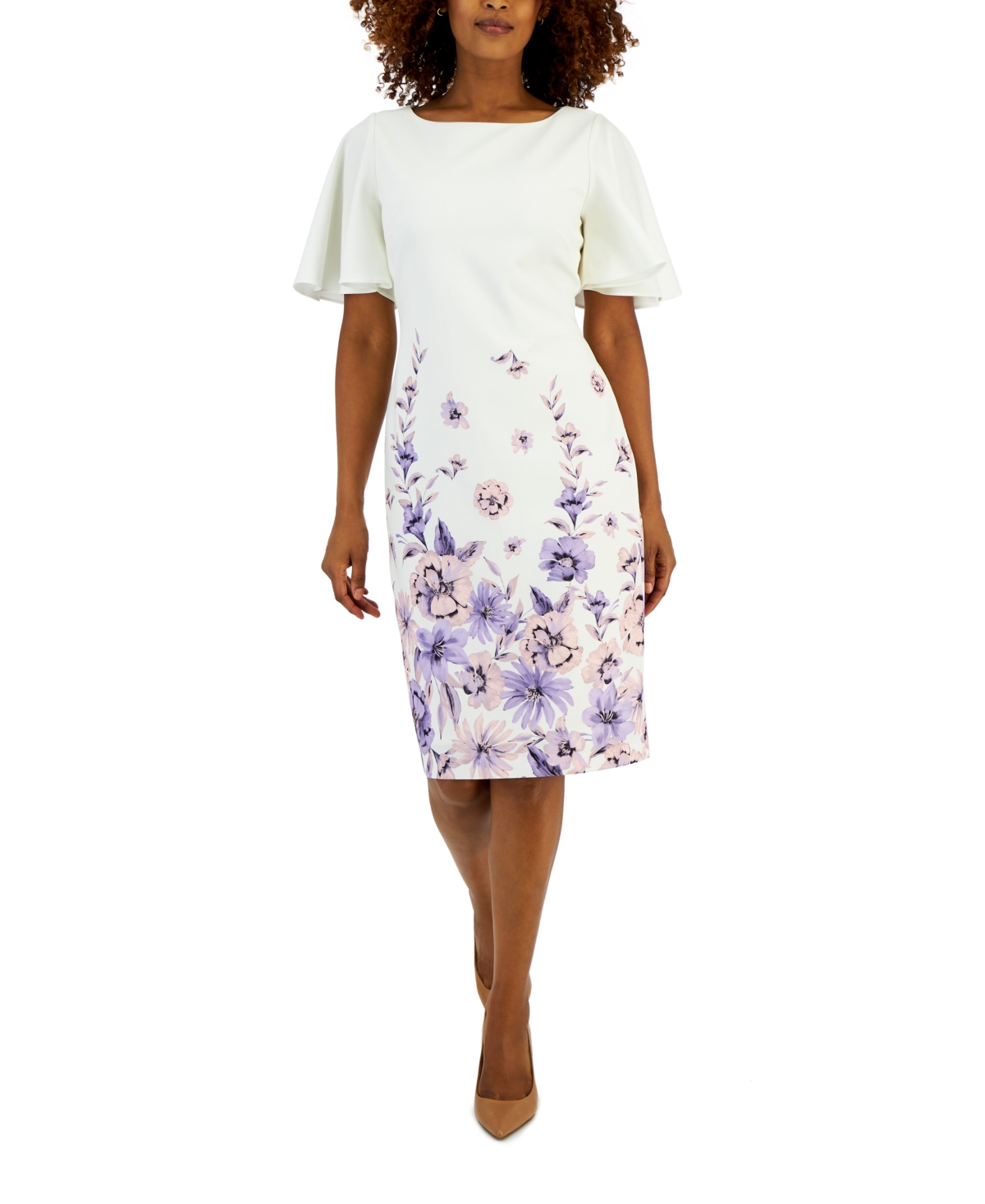 Kasper Women's Floral Flutter-sleeve Sheath Dress In Vanilla Ice,lavendar Mist