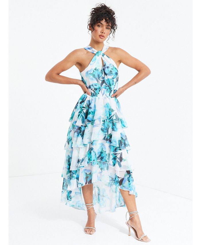 Keyhole Halter Neck Chiffon Dress with Pockets Turquoise