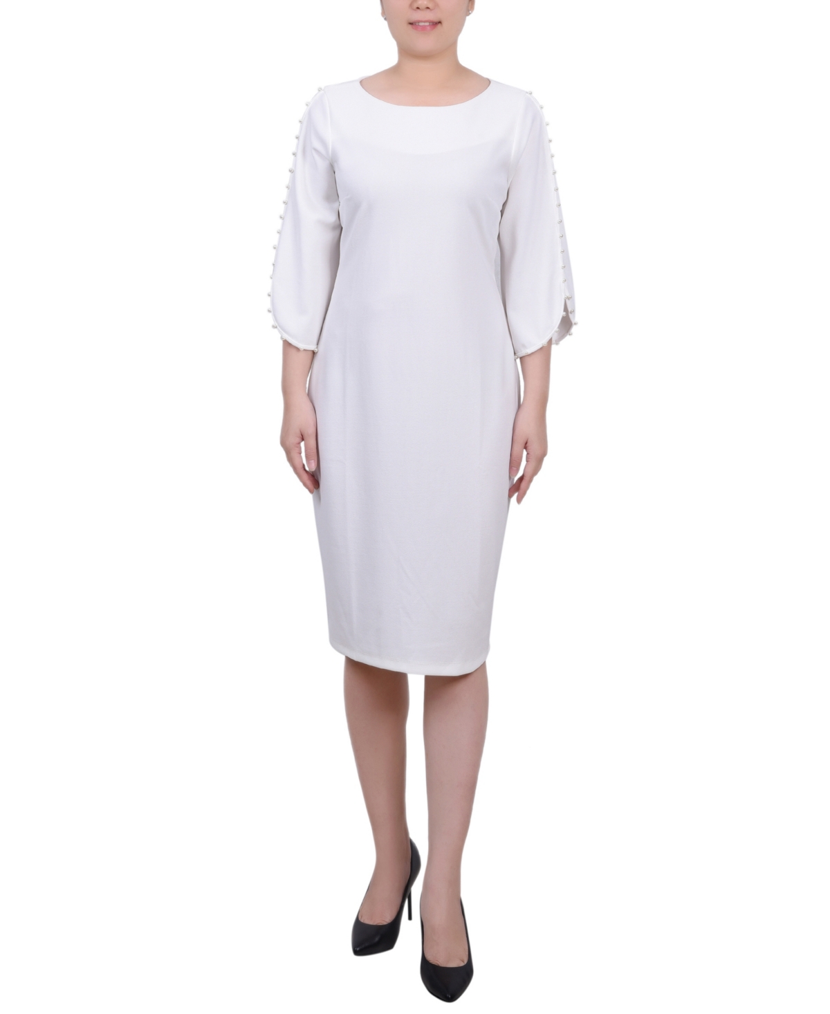 Ny Collection Women's 3/4 Imitation Pearl Detail Petal Sleeve Dress In White