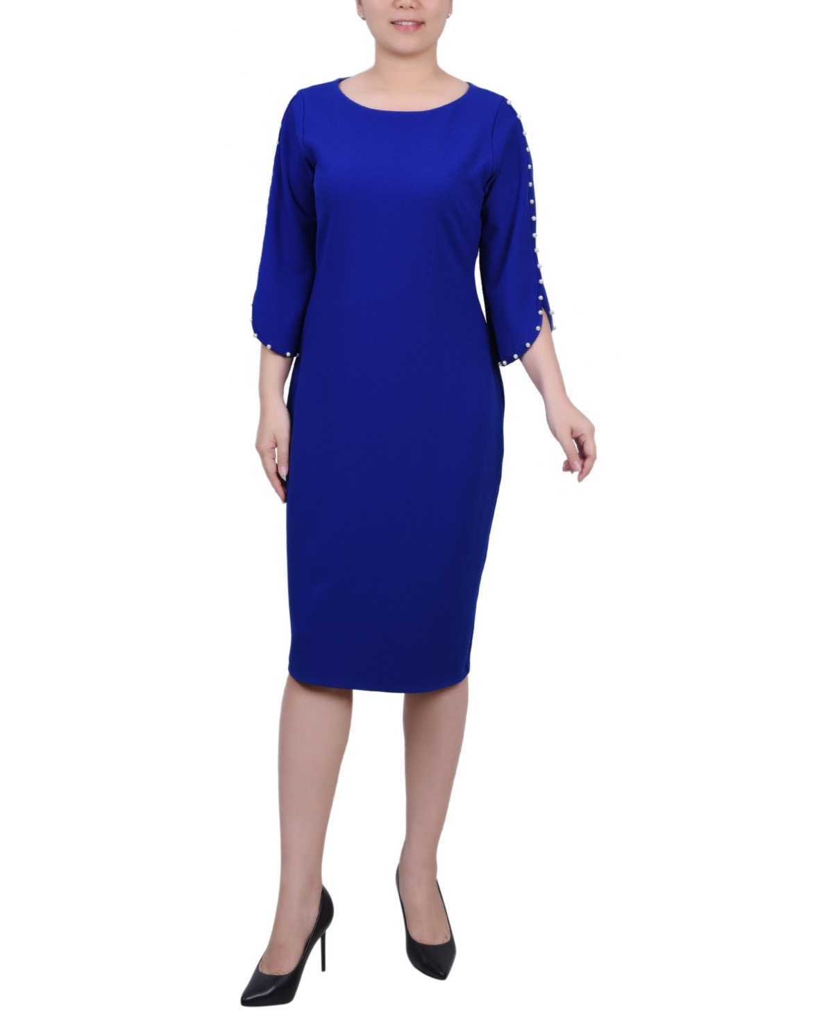 Ny Collection Women's 3/4 Imitation Pearl Detail Petal Sleeve Dress In Sapphire