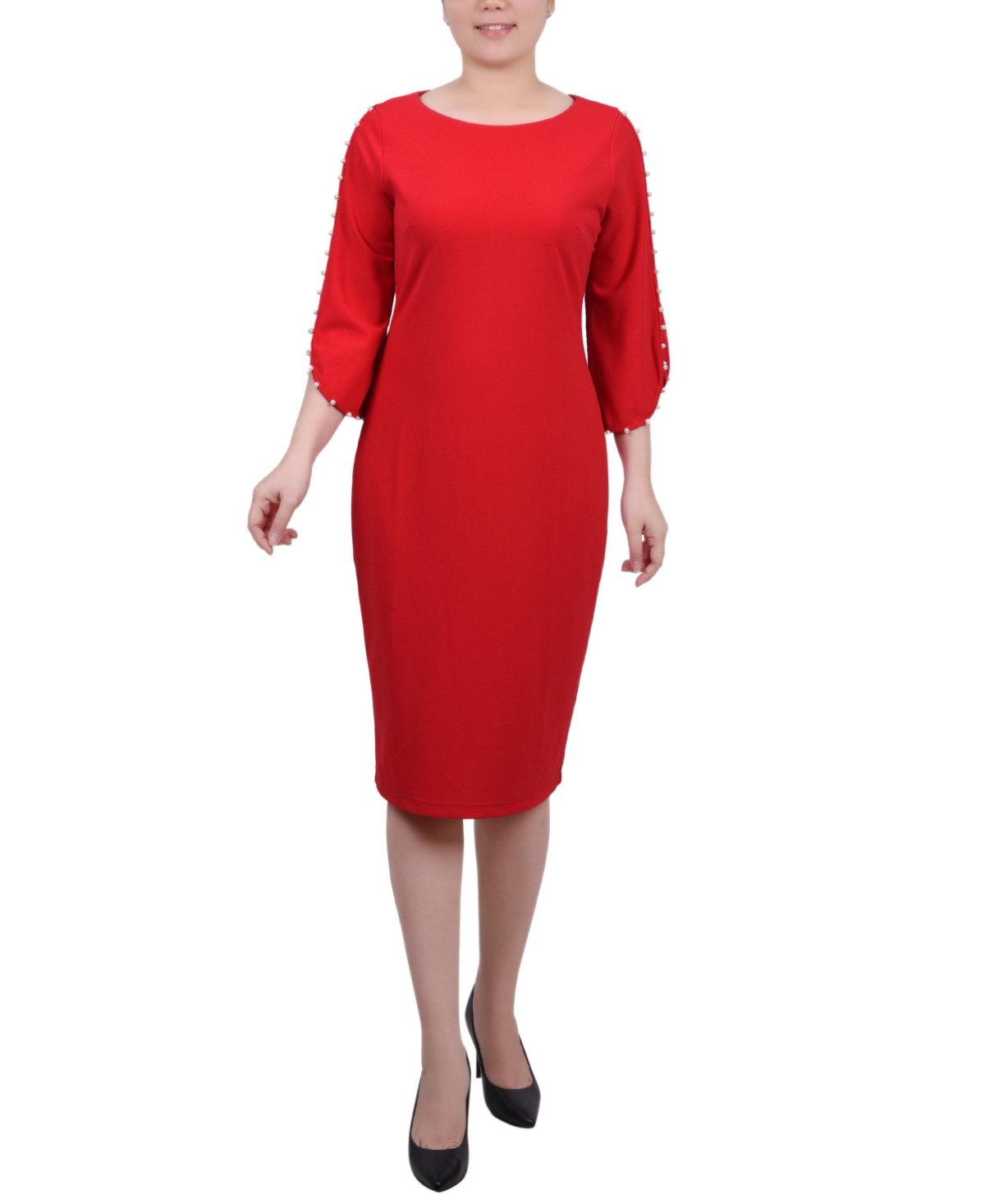 Ny Collection Women's 3/4 Imitation Pearl Detail Petal Sleeve Dress In Fire Red